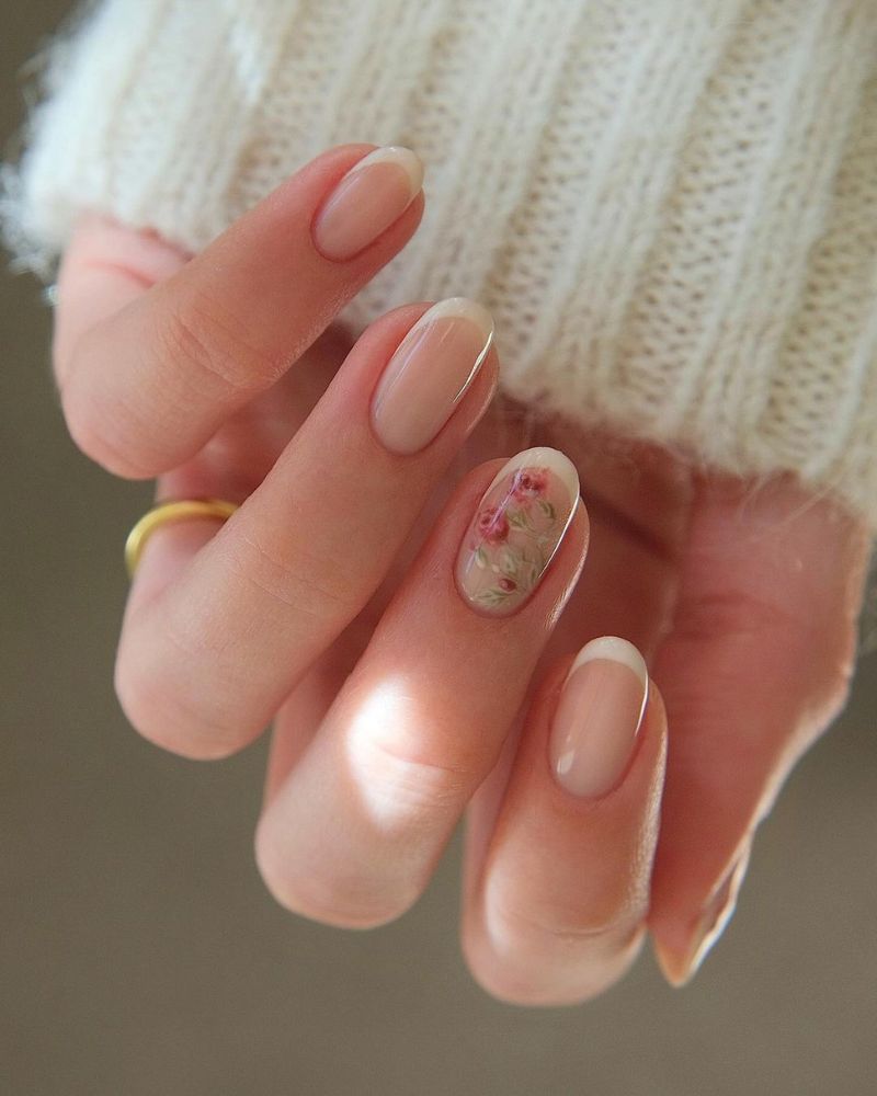 white tip french nails with flowers design