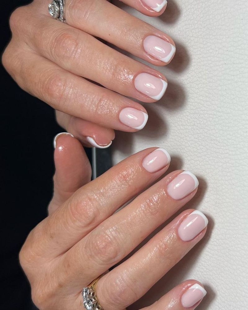 white tip french nails, white french with light pink base