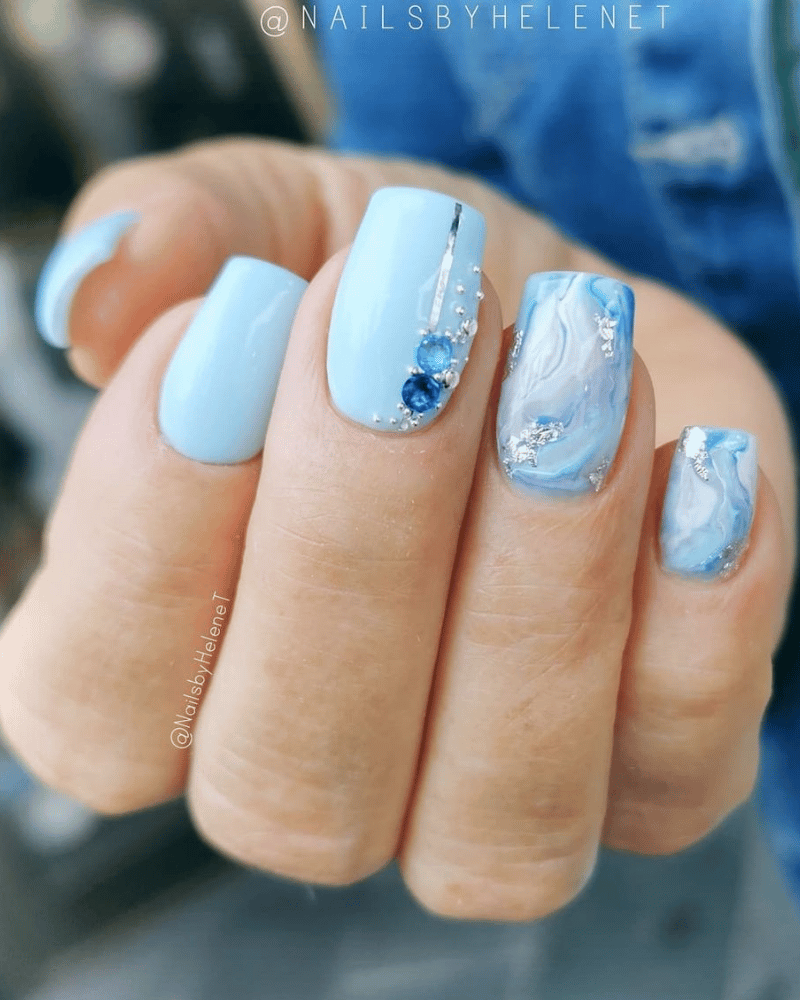 blue marble manicure, blue nails, blue gemstones manicure