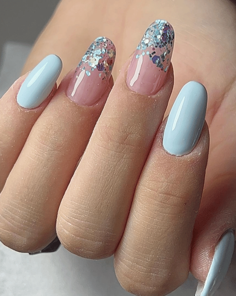 light blue nails with sparkles