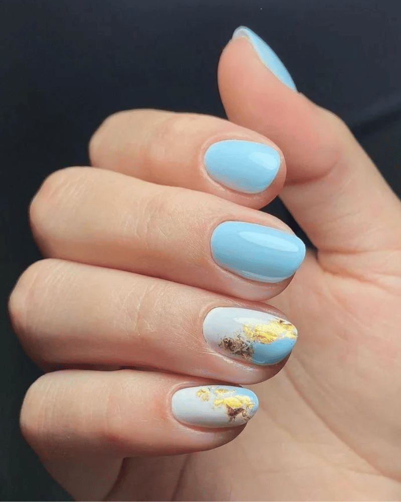 sky blue nails, blue manicure with gold accents