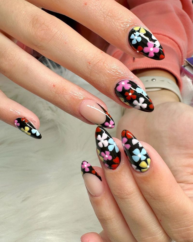 black nails with flowers