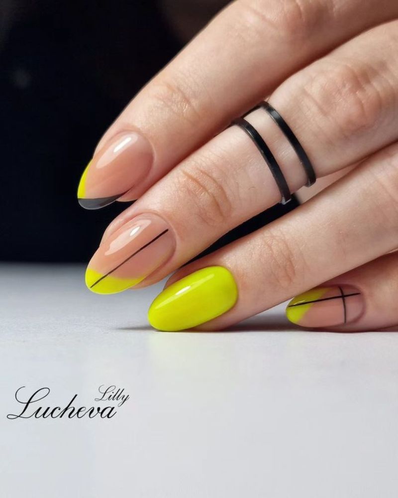 neon yellow nails, yellow and black nails, yellow nails design