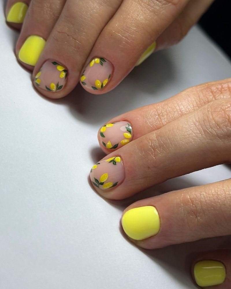 short yellow nails, lemon nail art