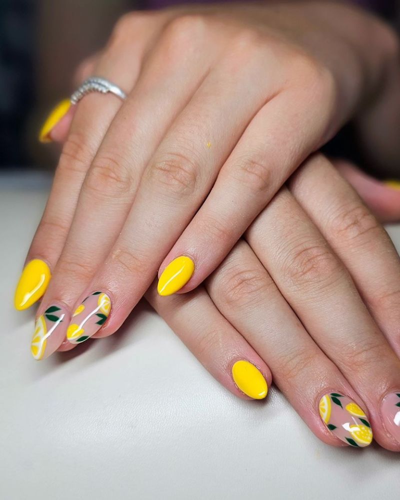 yellow nails idea, ywllow nails with lemon nail art