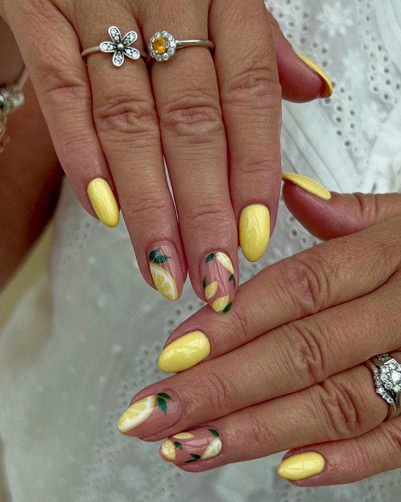 pastel yellow nails, lemon nail art, summer yellow nails