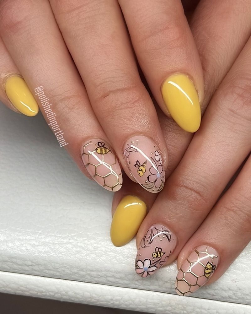 hive nail art, yellow nails