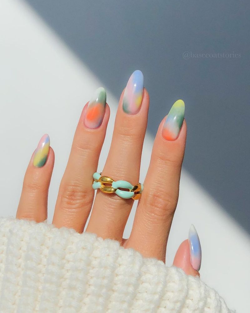 colorful fall nails with airbrushed nail art