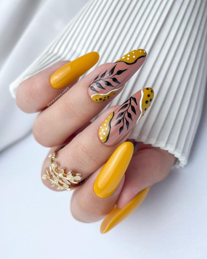 mustard yellow fall nails on long almond shape