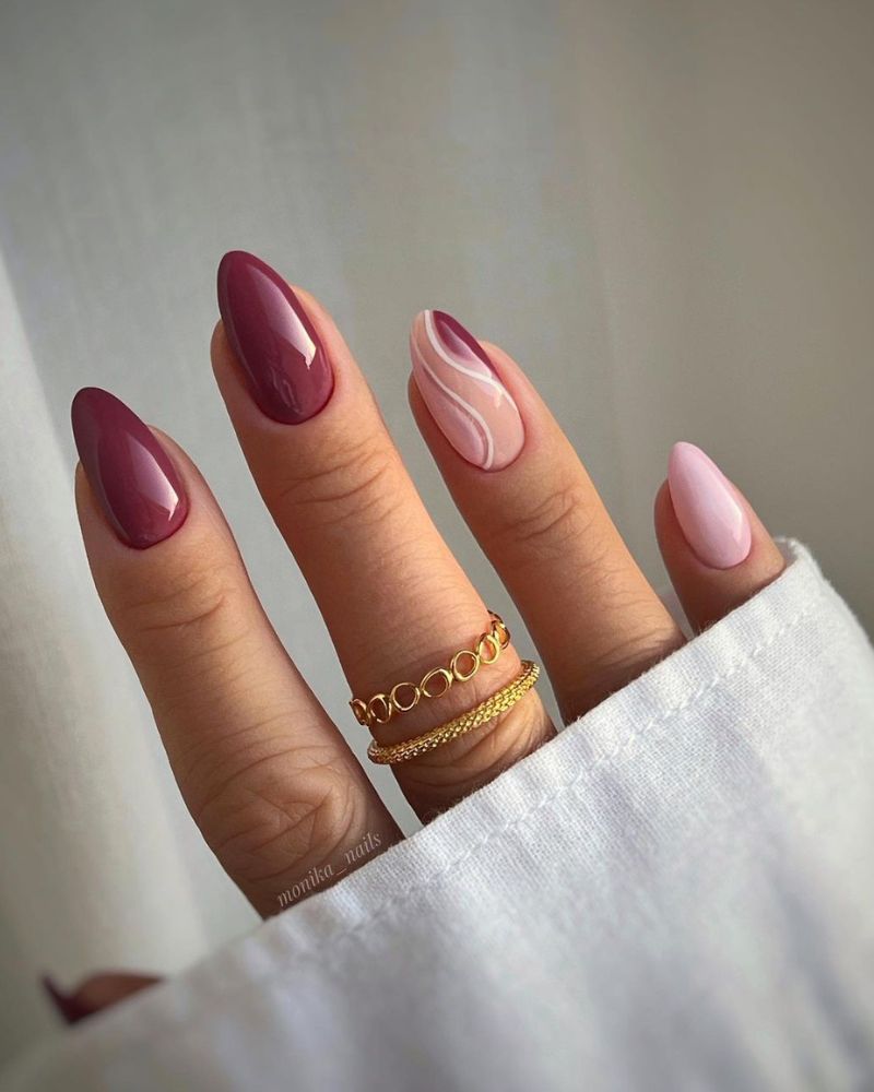 pink nails for autumn on medium almond shape