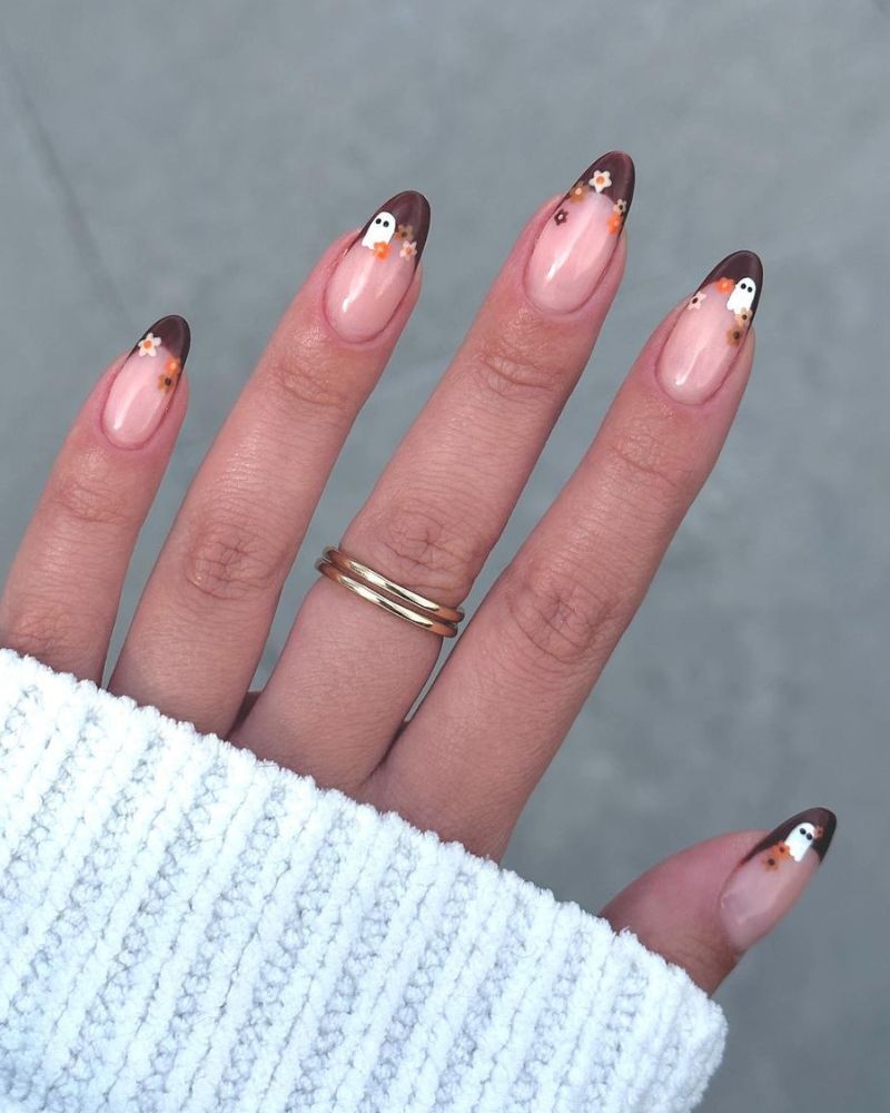 cute fall nails with ghosts and flowers