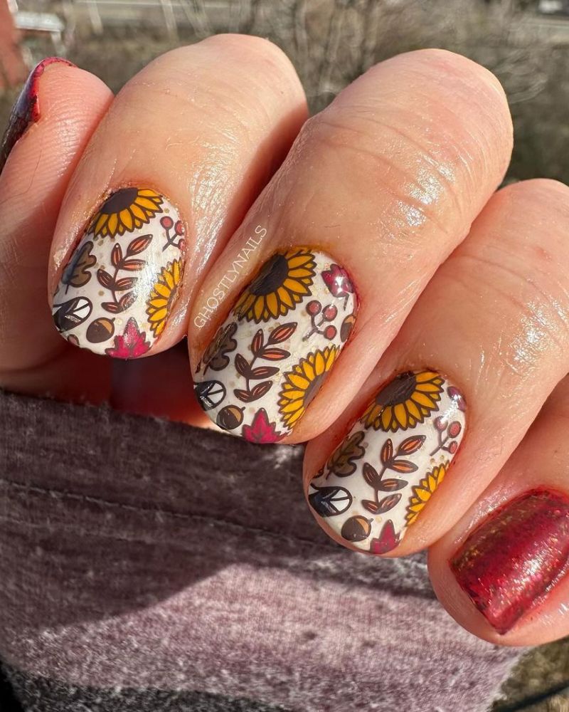 nail art for autumn with sunflower