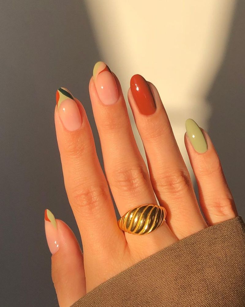 cute fall nails in brown and sage green shades