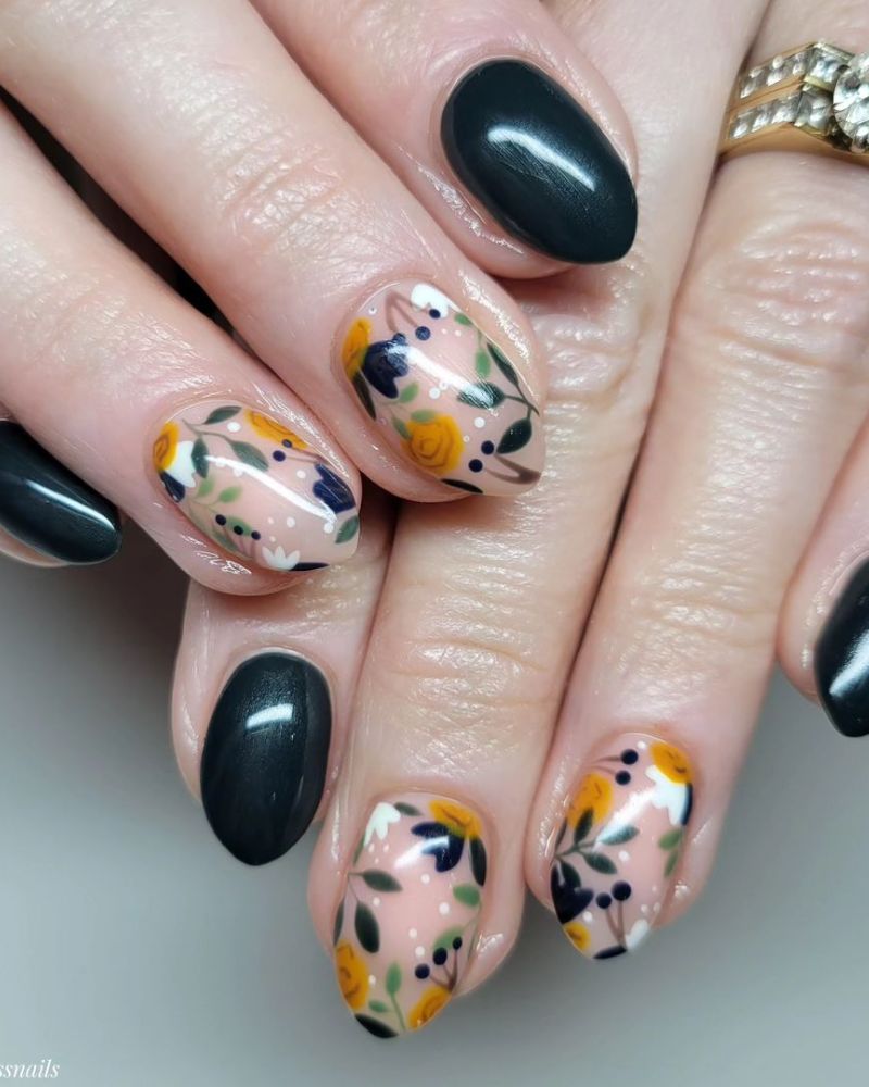 simple black fall nail art with flowers on nude base