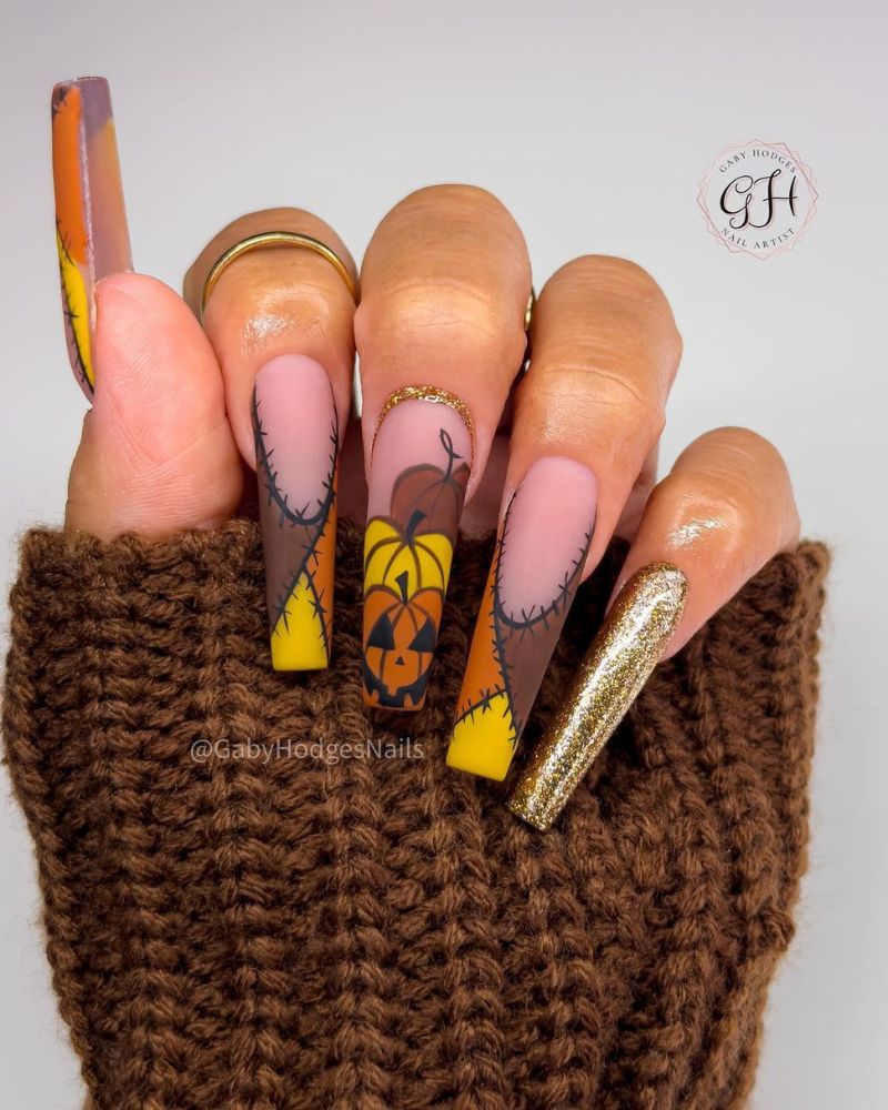 long coffin nail with pumpkin fall nail art designs
