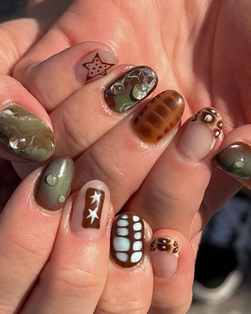 brown and green fall season nails