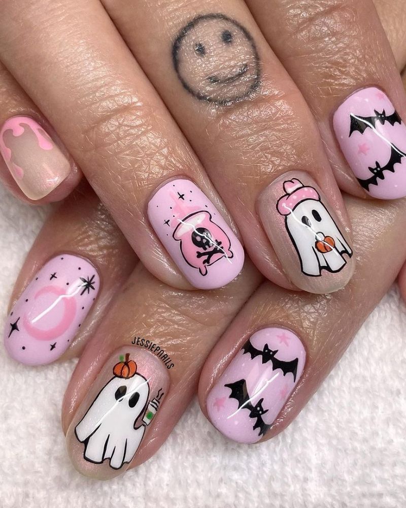 pink cute halloween nail art