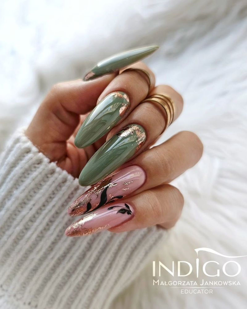 long fall nail art designs in olive green and nude pink nail polish