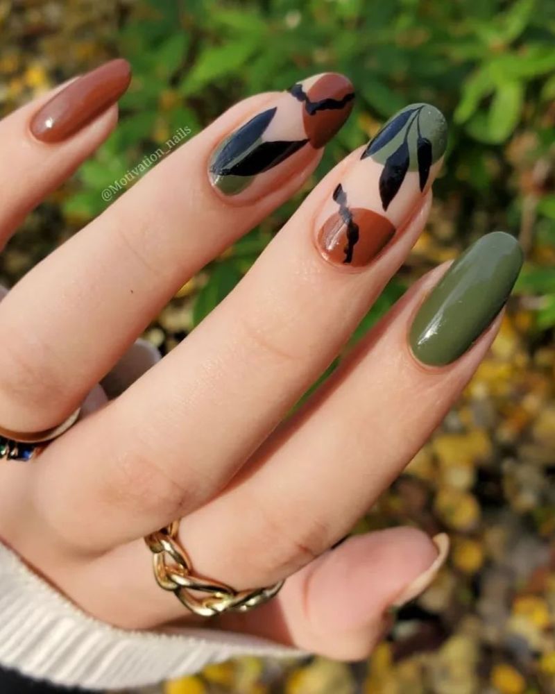 brown and green nails for simple fall nail art design