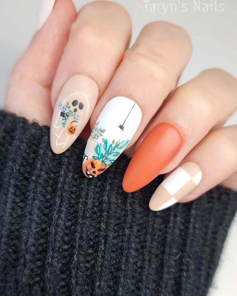fall nails with halloween nail art and matte finish
