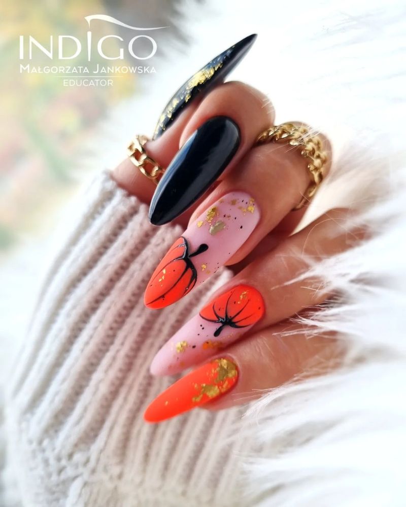 neon orange and black long autumn nails with fall nal art