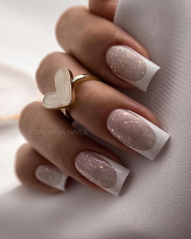 glittery white tip french nails, square nails