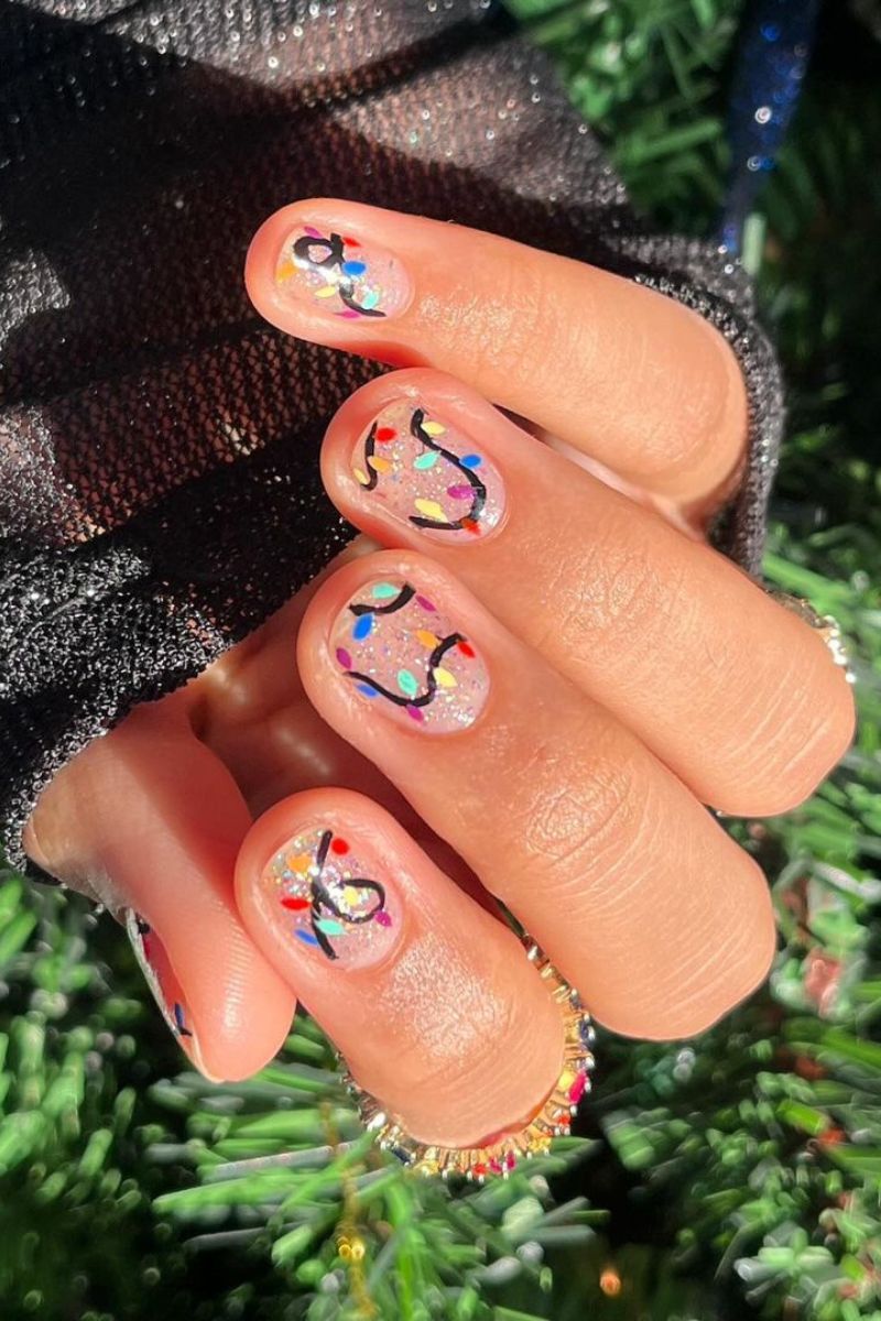 short christmas nails, christmas lights nail art