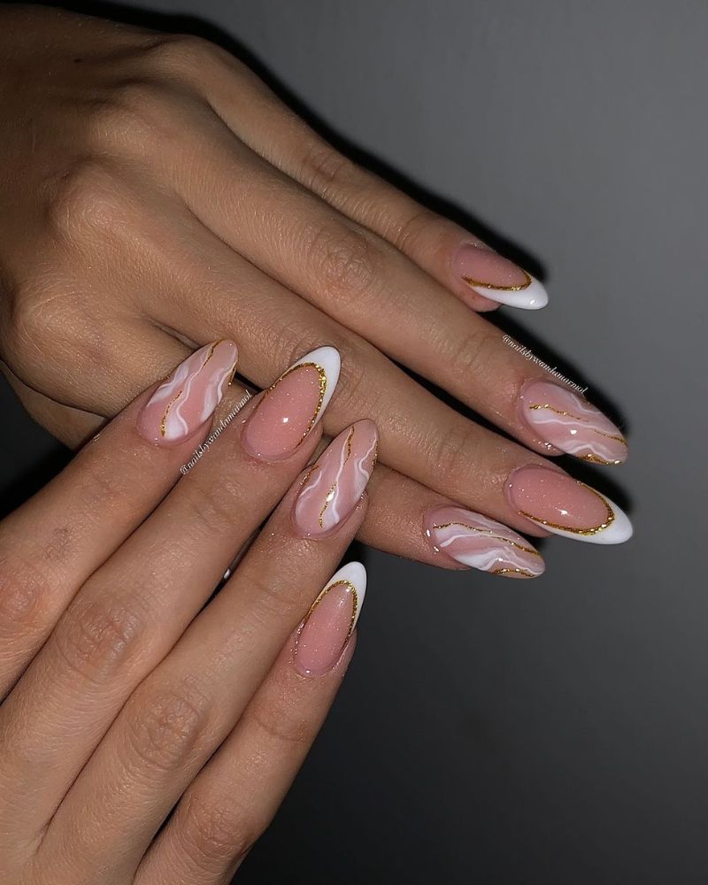 marble nail art, gold nail art, french nails