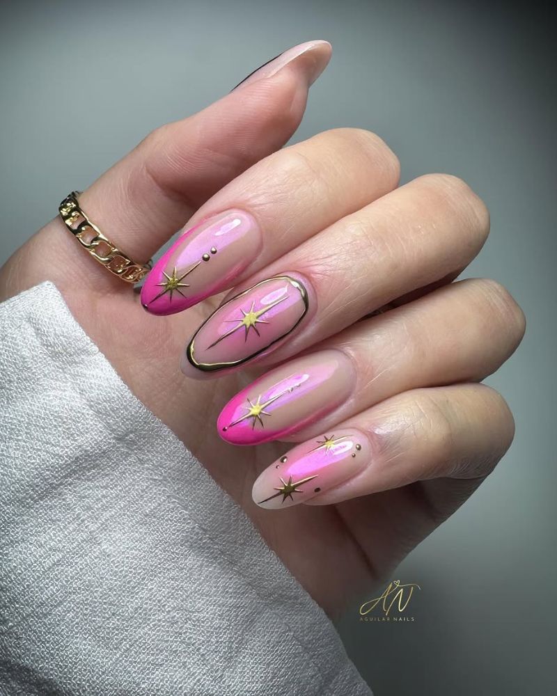 pink nails with a design, pink and gold nails