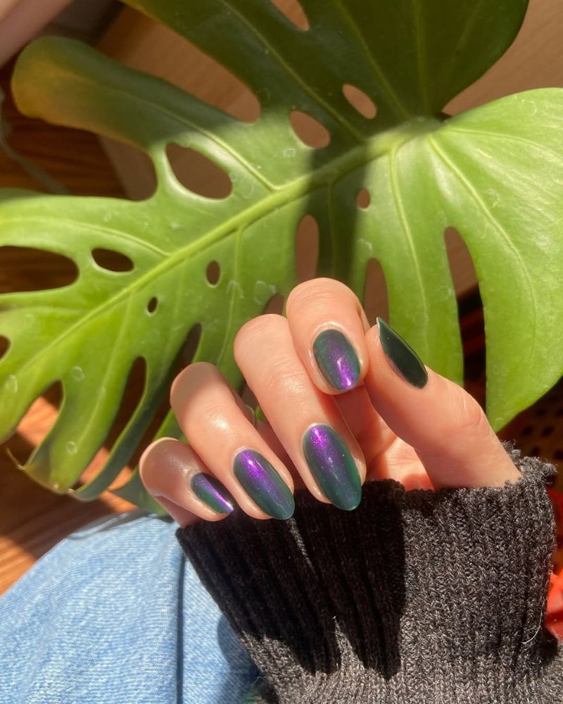 purple chrome, green nails