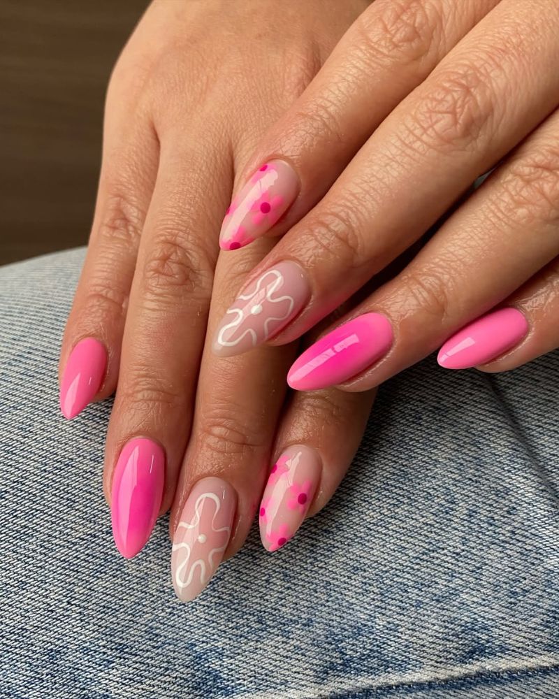 hot pink nails with a design, flower nail art