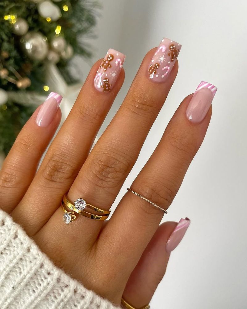 pink christmas nails, french tips christmas nails