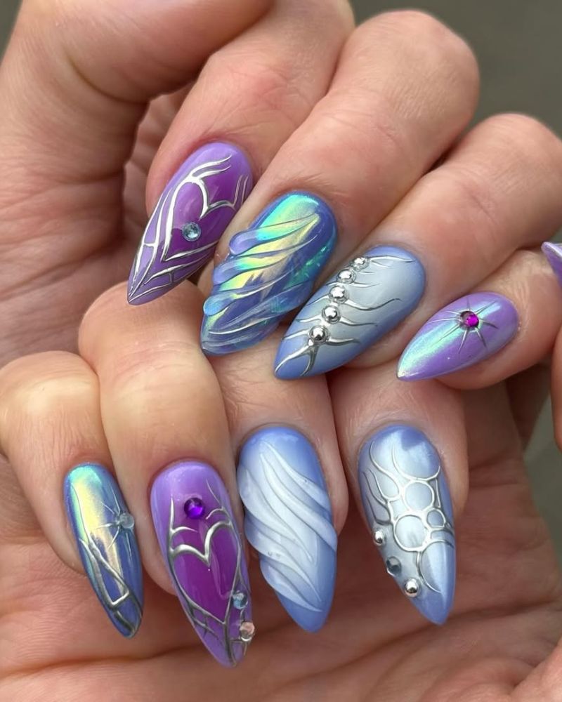 purple chrome nails, blue chrome nails