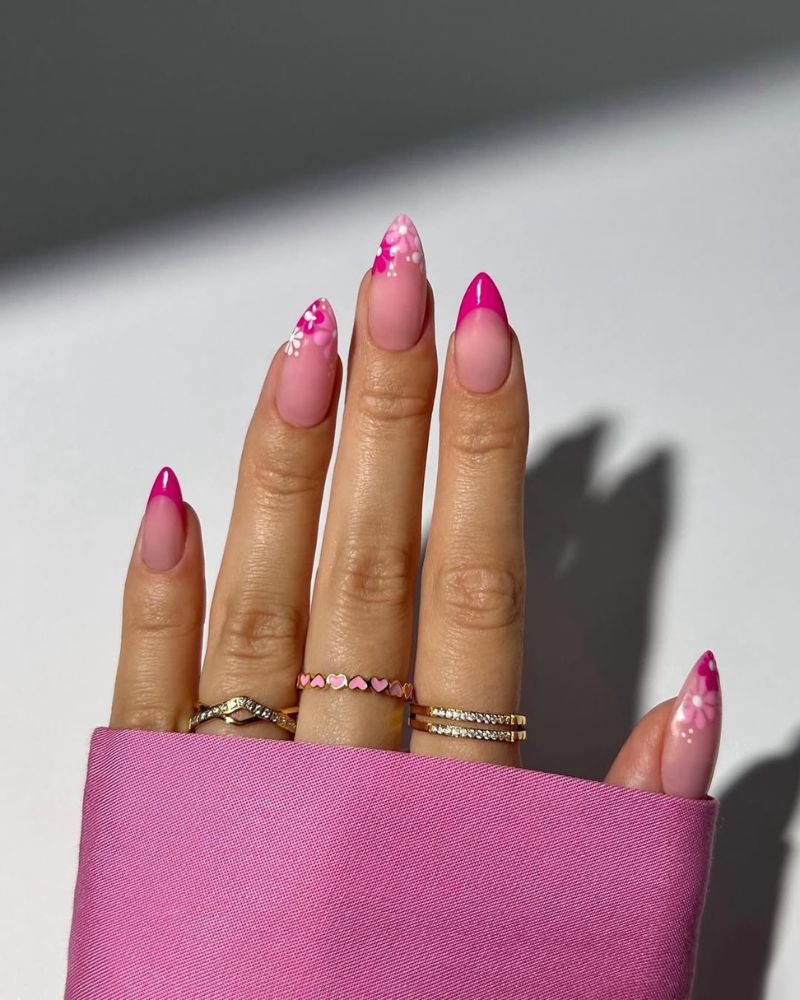 pink nails with nail art, french nails