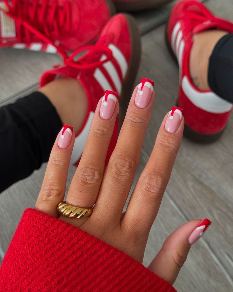 santa hat nail art, french tips christmas nails