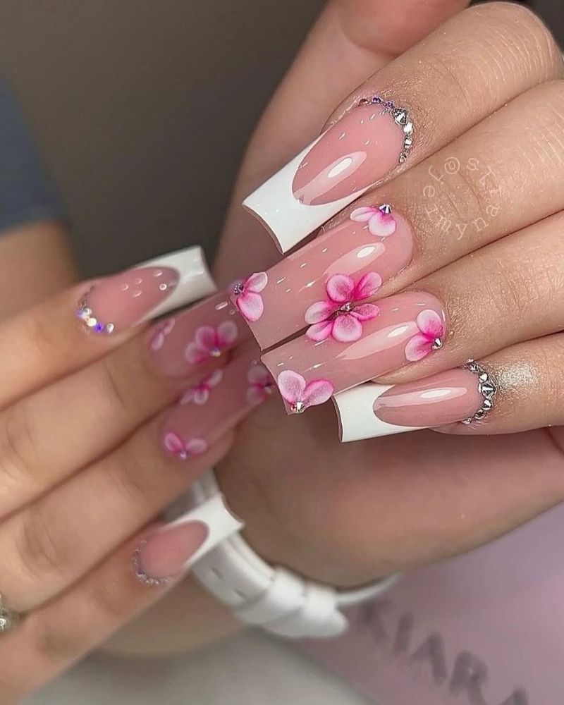 white tip french nails, flower nail art