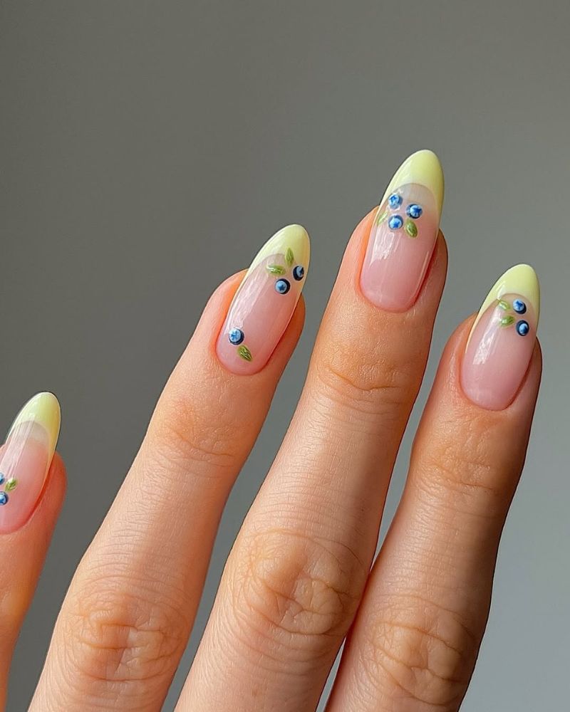 yellow french, blueberry nail art