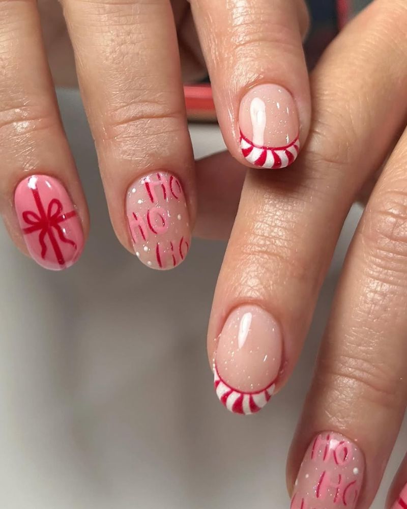 pink and red christmas nails, pink christmas nails