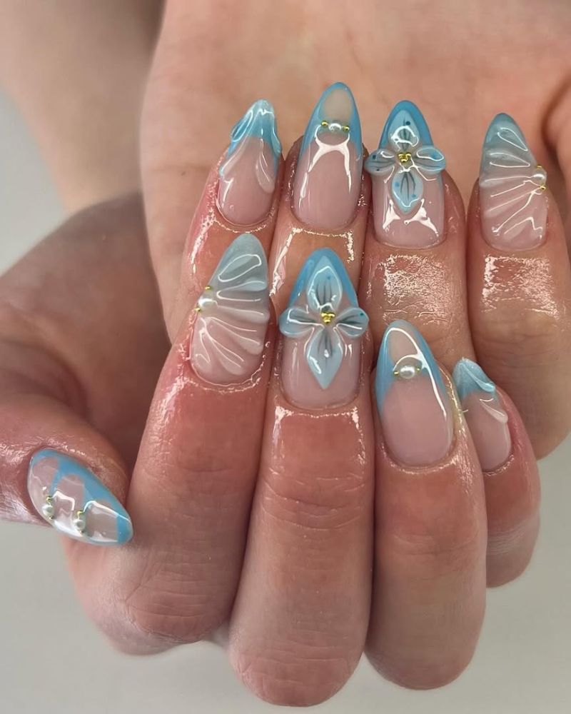 blue nail art, light blue nails
