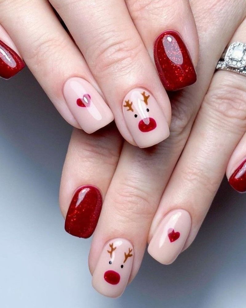 reindeer nail art, red christmas nails