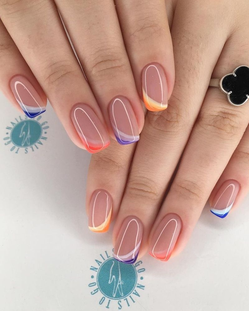 colorful french tip nails, diagonal french manicure
