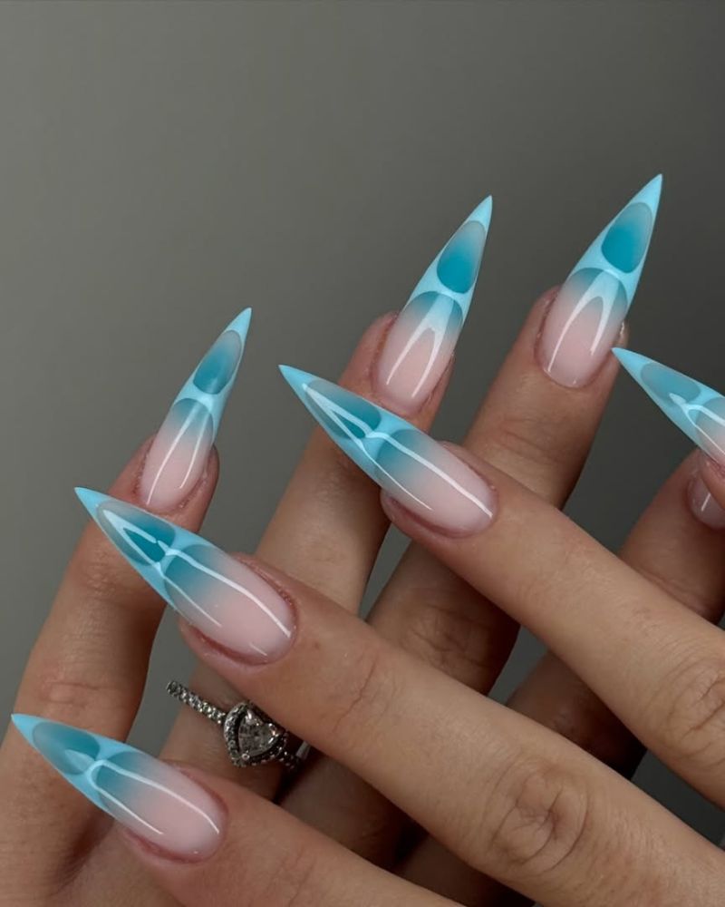stiletto nails, long nails, light blue nails