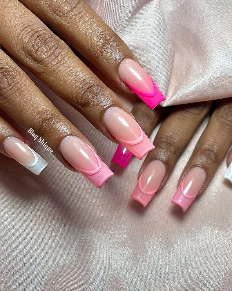 french pink nails, colorful french tip nails