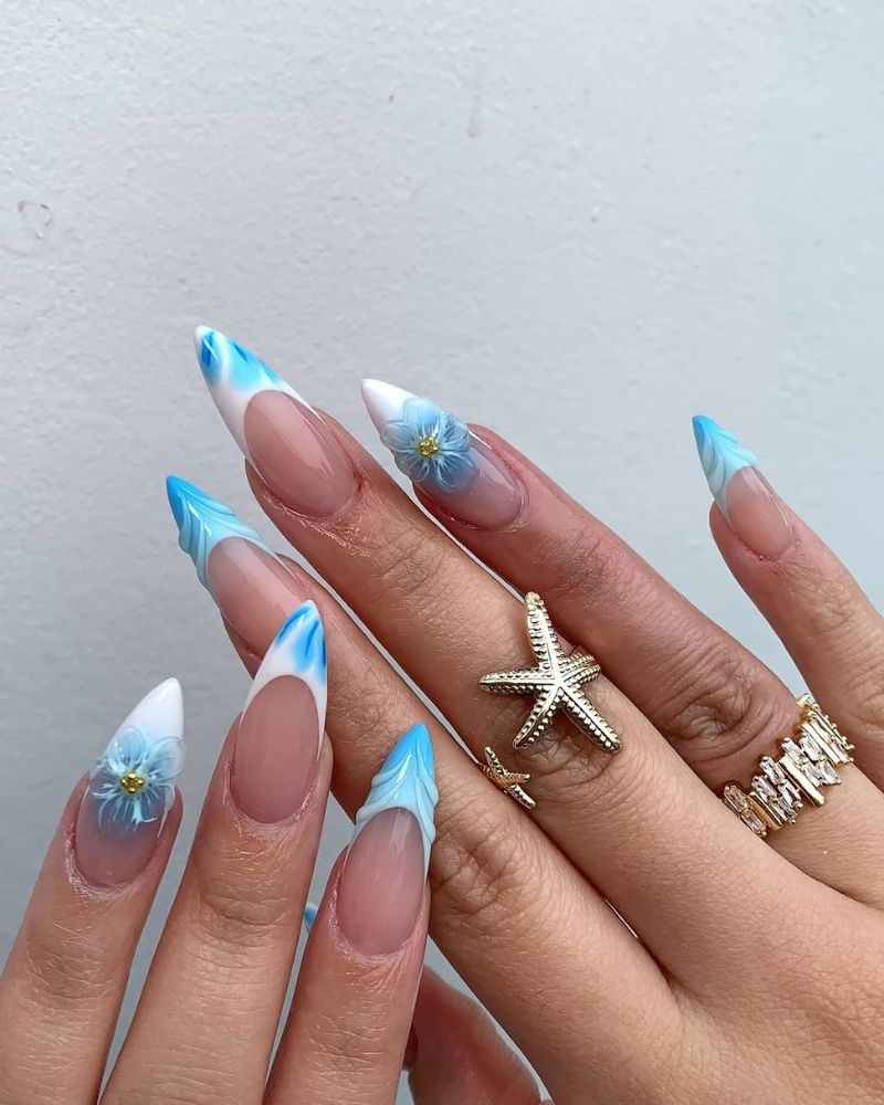 light blue nails, white french tip nail designs, stiletto nails