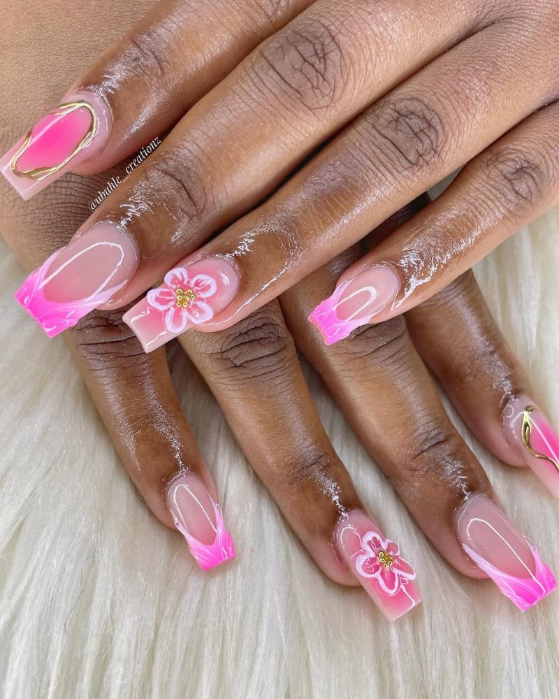 flower nail art, pink french manicure