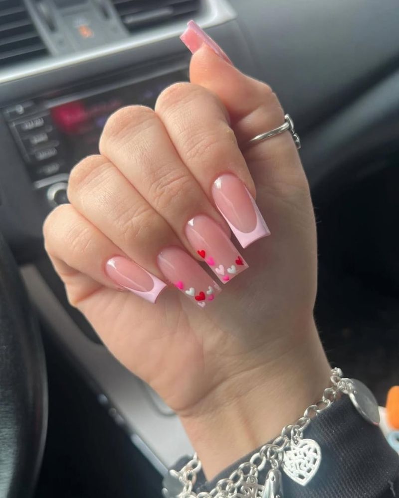 heart nail art, pink french nails