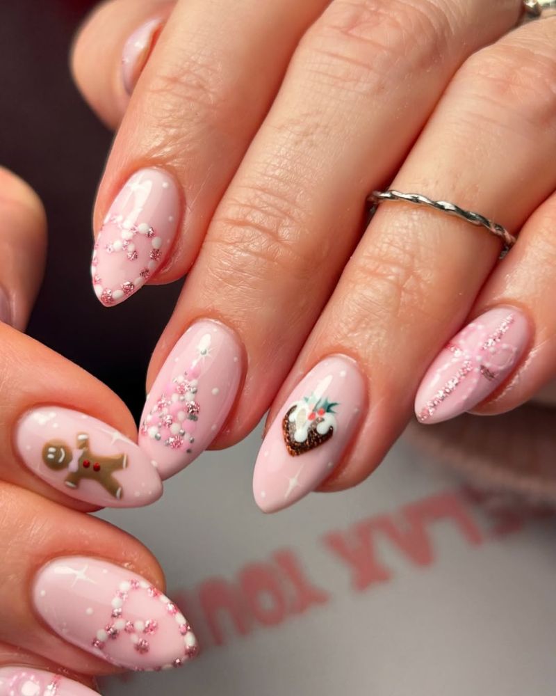 pink christmas nails, cute christmas nails
