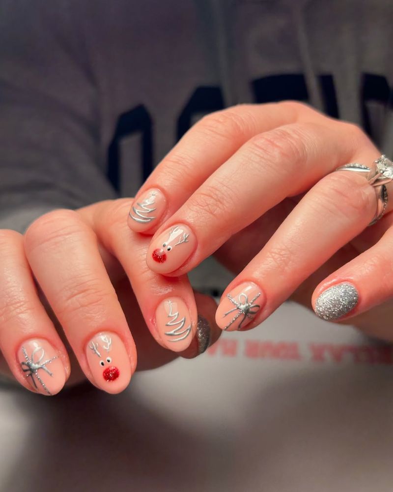 short christmas nails, reindeer nail art