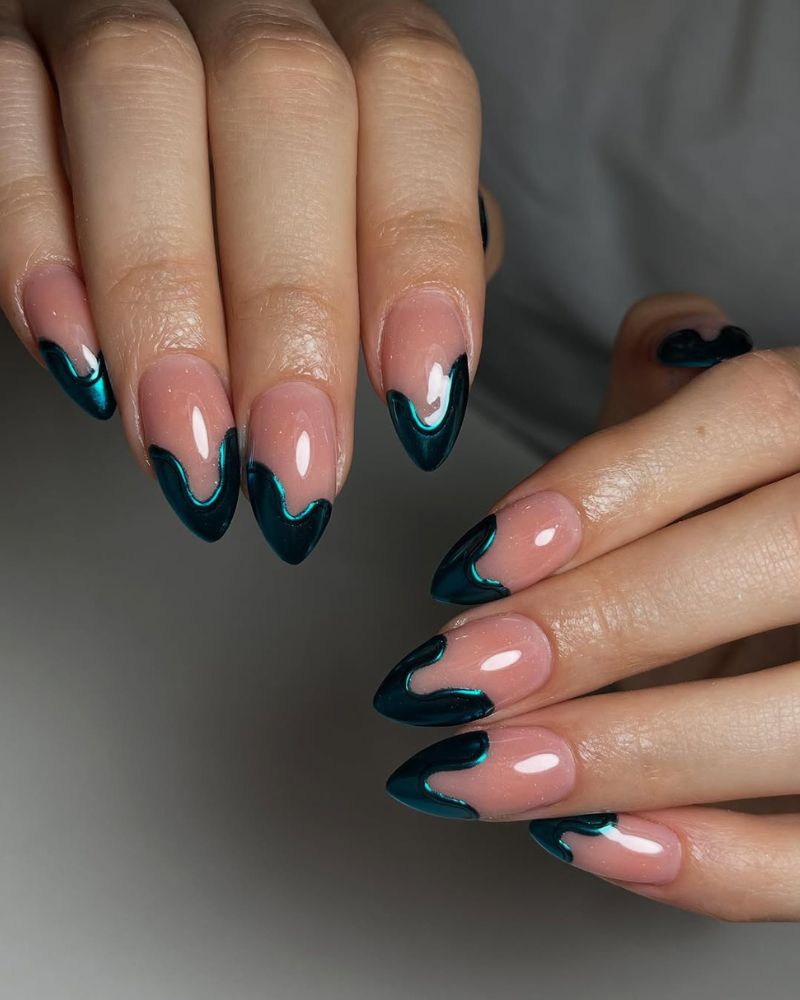 dark green nails, french nails, stiletto nails