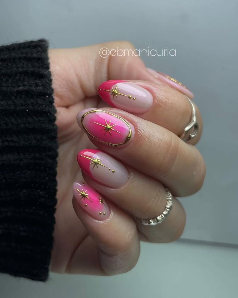hot pink nails with design, french nails